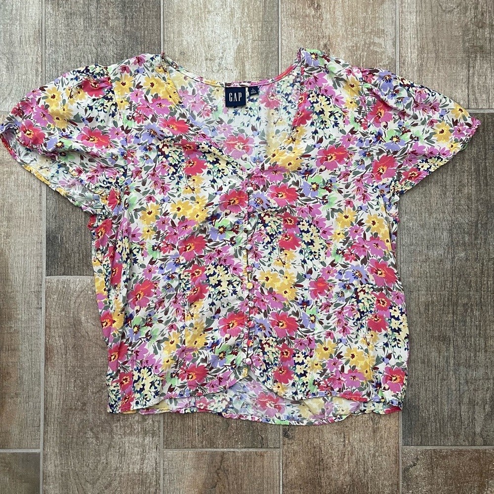 GAP Floral Button-Front Short Sleeve Blouse - Pink, Yellow & Purple